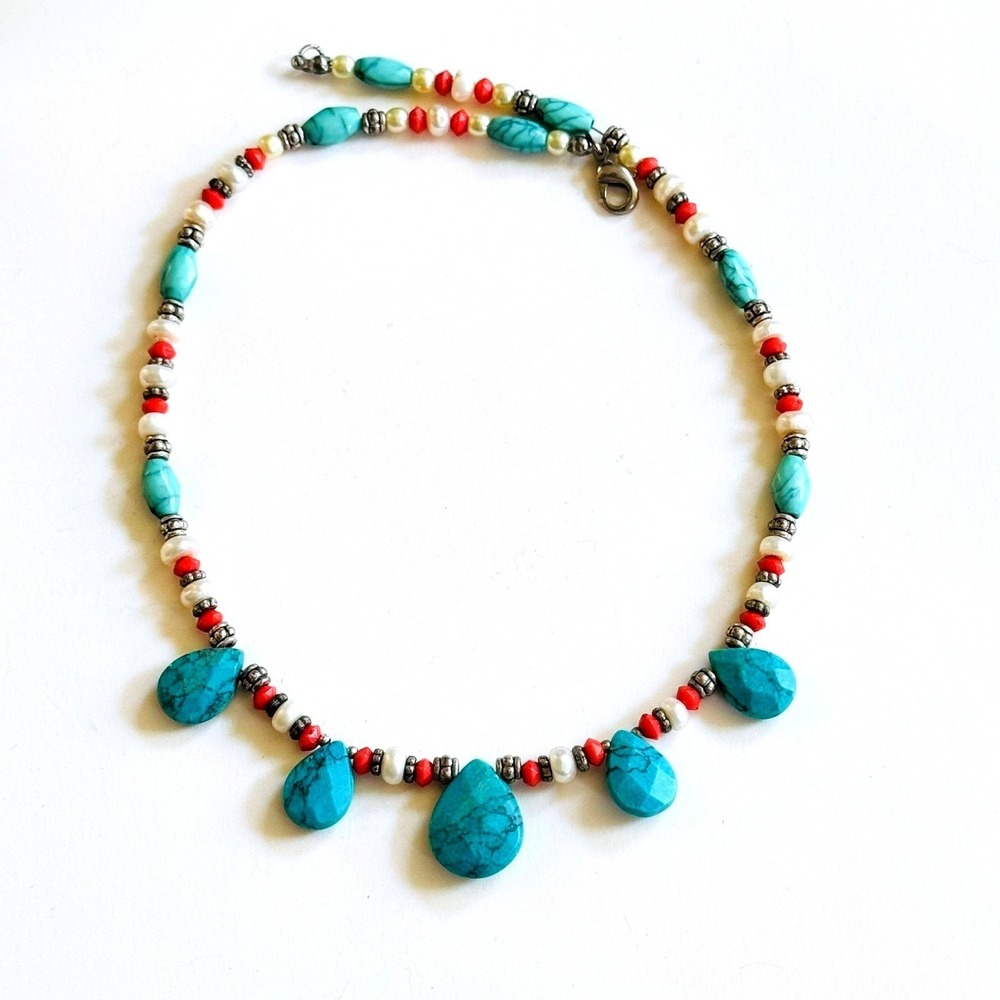 BOHO Turquoise Coral Pearl Necklace VtG Genuine Choker stone Natural 15.5" Y2k